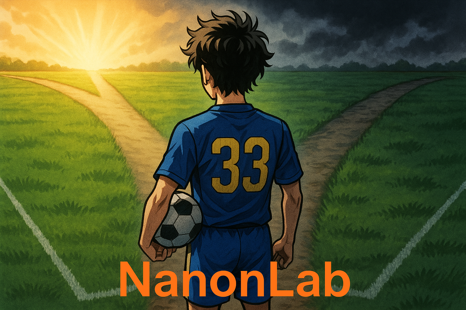 サッカーフィールドの中央に立つ少年の後ろ姿。目の前には光と影に分かれた二手の道があり、進むべき道を見つめている。成長と選択の象徴的なシーン。